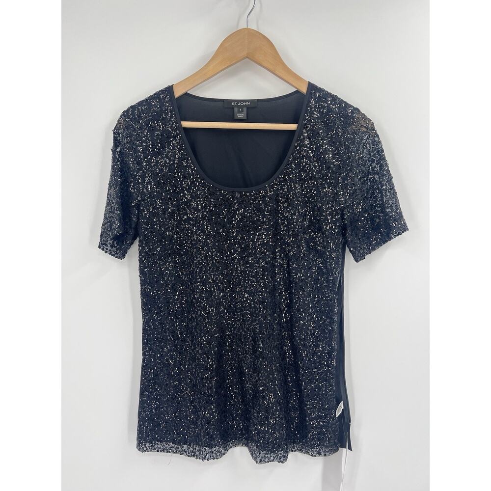 St John Black Sequin Front Semi Sheer Back Short Sleeve Blouse Size 2 Silk